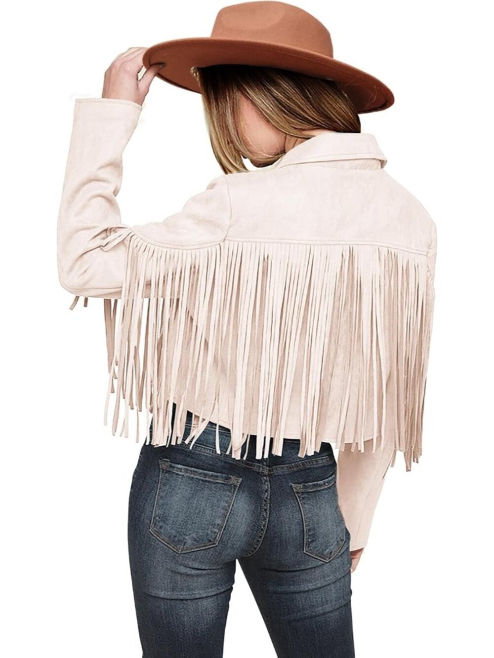 Women’s Beige White Red Fringe Faux Suede Western Leather Jacket Casual Stylish